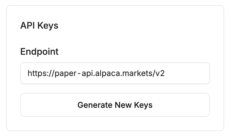 Alpaca paper trading API keys page