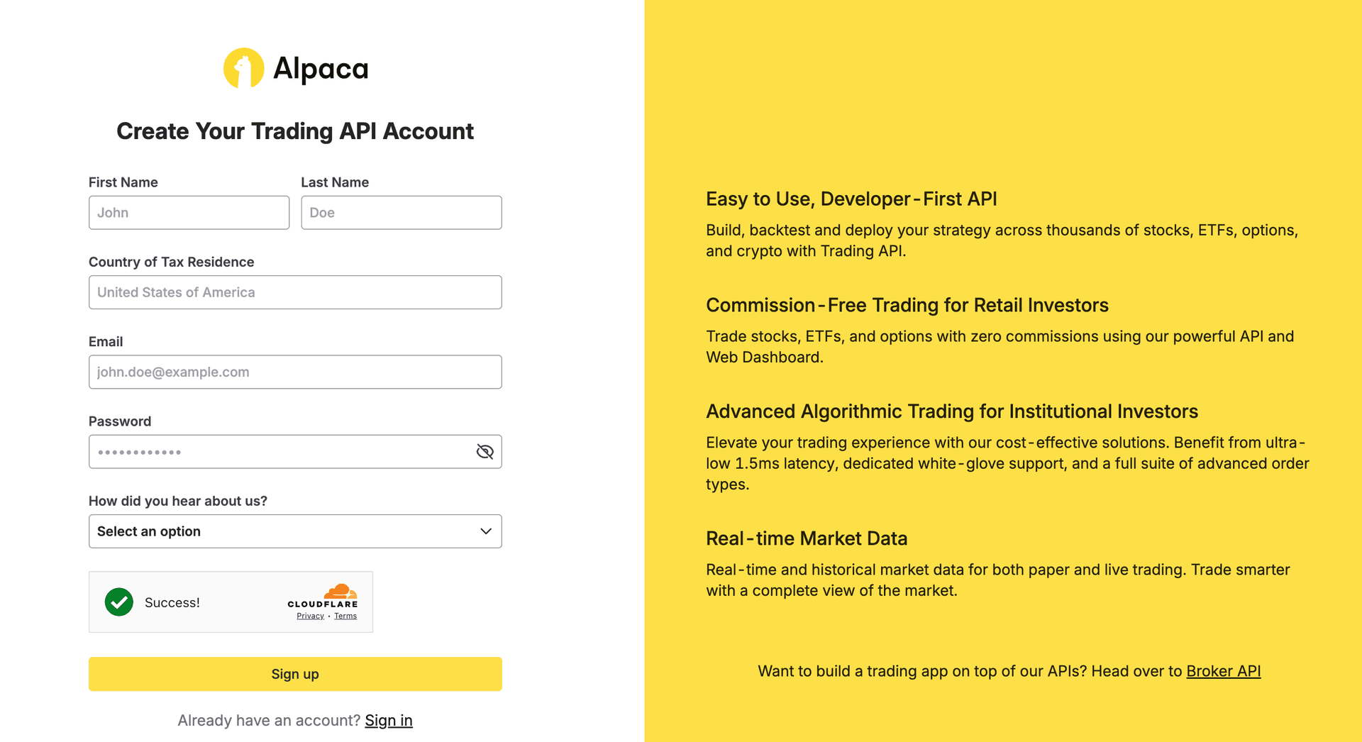 Alpaca signup page