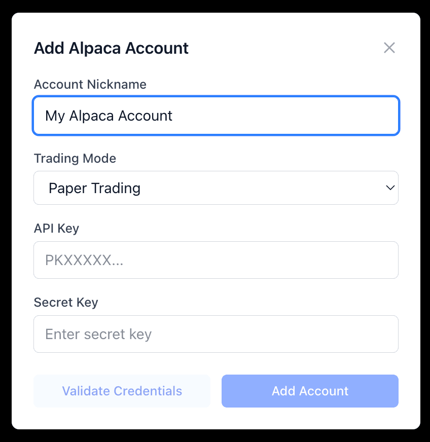 Add Broker dialog with Alpaca selected