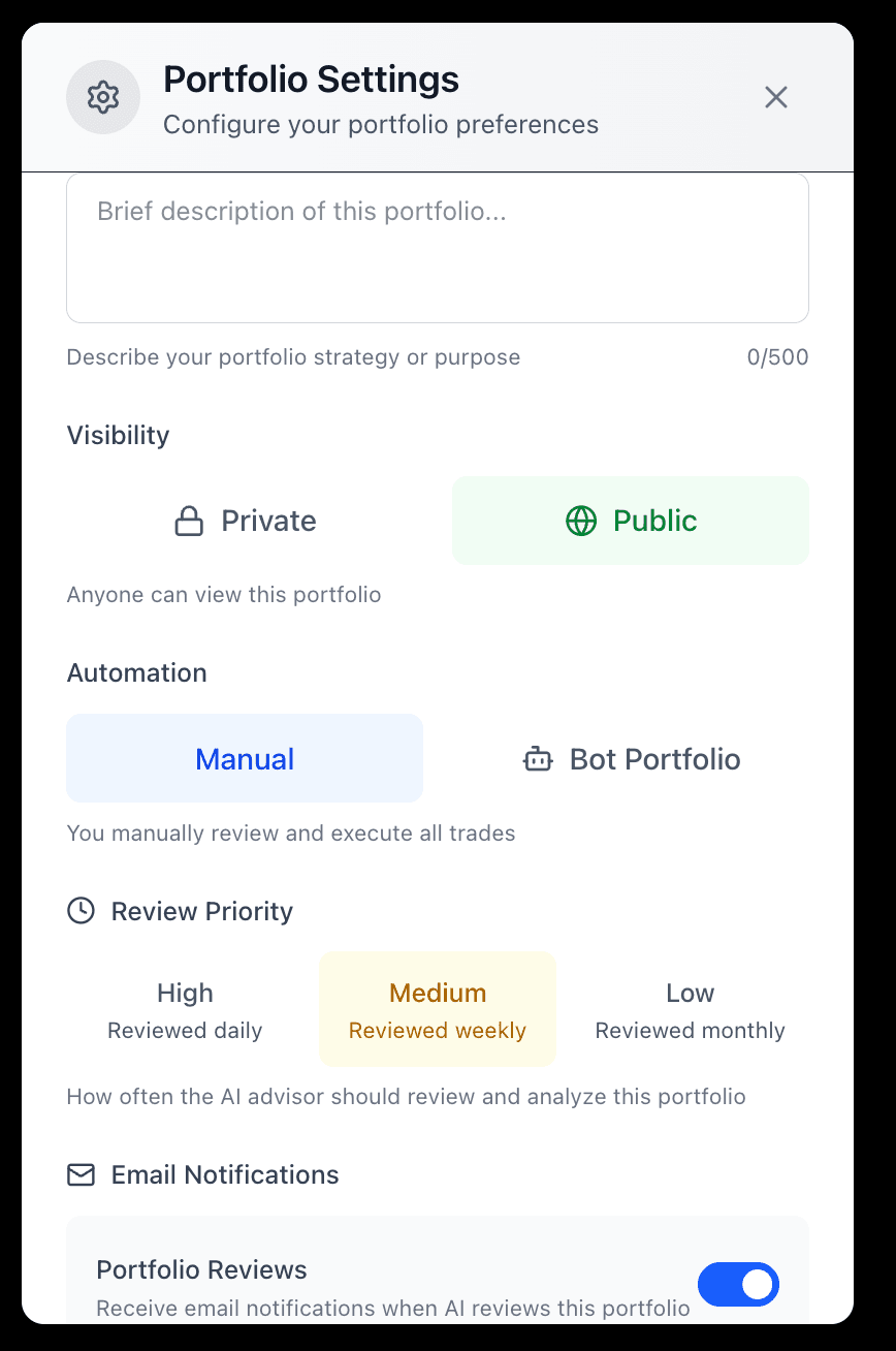 Portfolio settings showing Bot Mode toggle