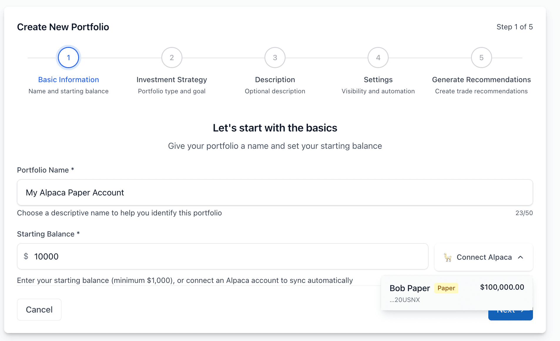 Create Portfolio dialog with Alpaca broker selected