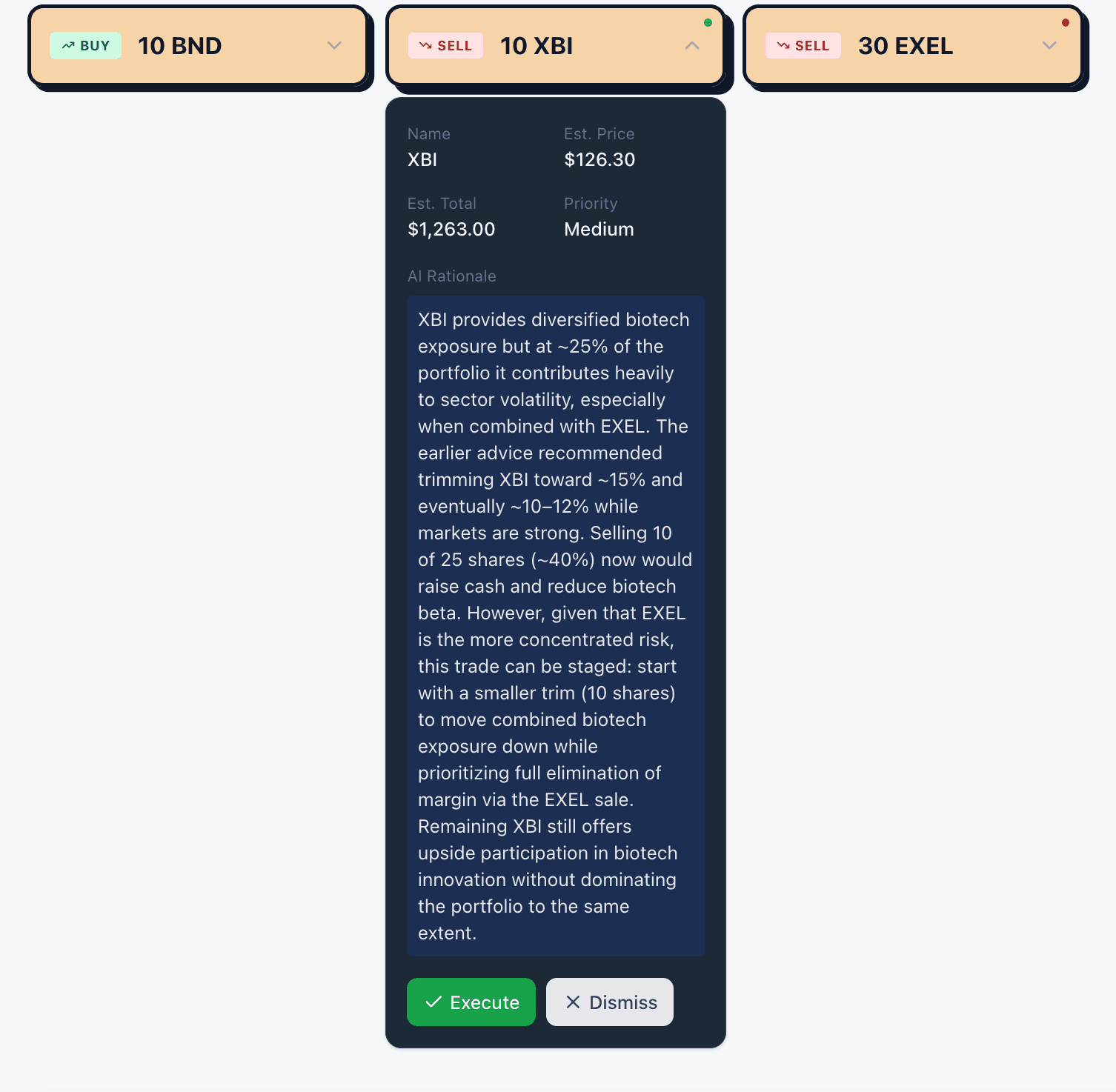 Trade suggestion card with Execute button