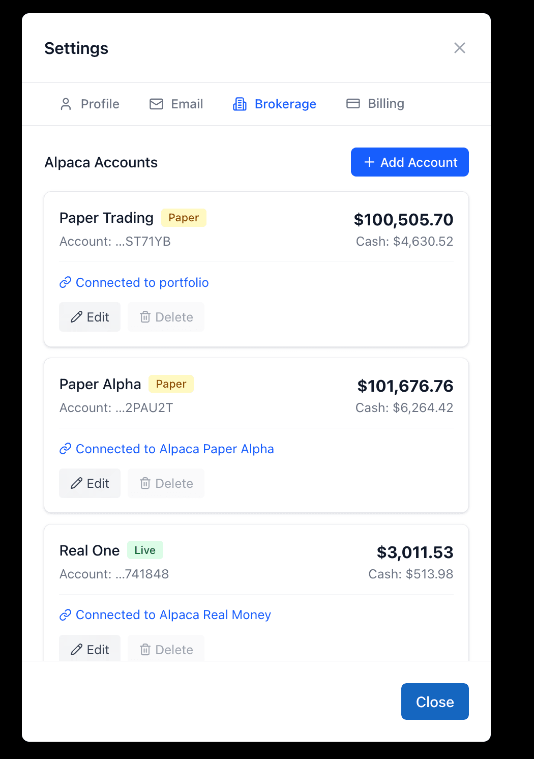 Portfolio Genius Settings page with Brokers tab